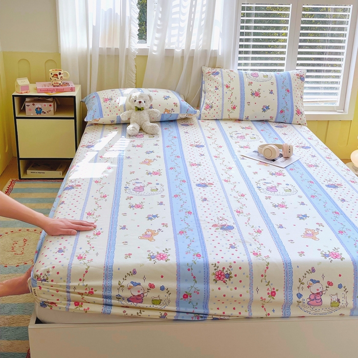 91家纺网 家纺一手货源 找家纺 金鑫汇家纺 2025新款A类全棉老粗布床单床笠 老粗布·快乐萌兔蓝