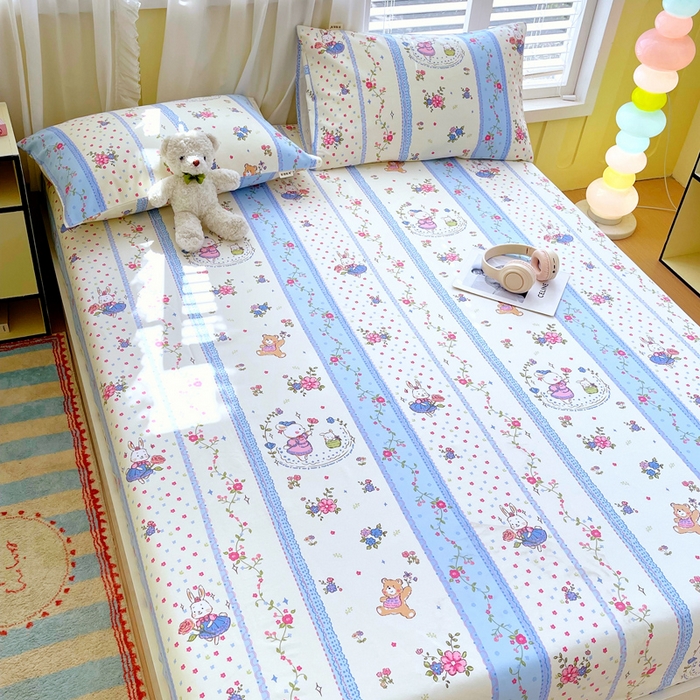 91家纺网 家纺一手货源 找家纺 金鑫汇家纺 2025新款A类全棉老粗布床单床笠 老粗布·快乐萌兔蓝