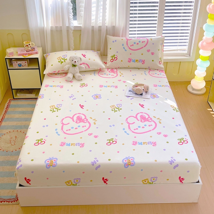 91家纺网 家纺一手货源 找家纺 金鑫汇家纺 2025新款A类全棉老粗布床单床笠 老粗布·奇趣小兔