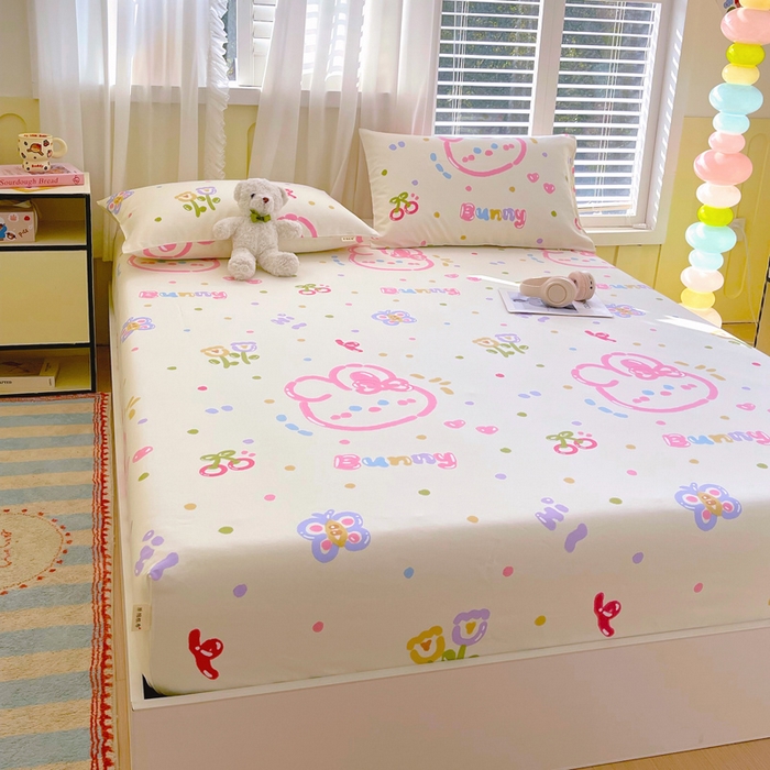 91家纺网 家纺一手货源 找家纺 金鑫汇家纺 2025新款A类全棉老粗布床单床笠 老粗布·奇趣小兔