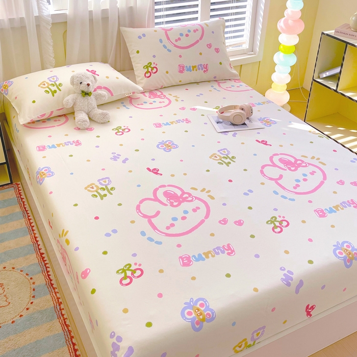 91家纺网 家纺一手货源 找家纺 金鑫汇家纺 2025新款A类全棉老粗布床单床笠 老粗布·奇趣小兔