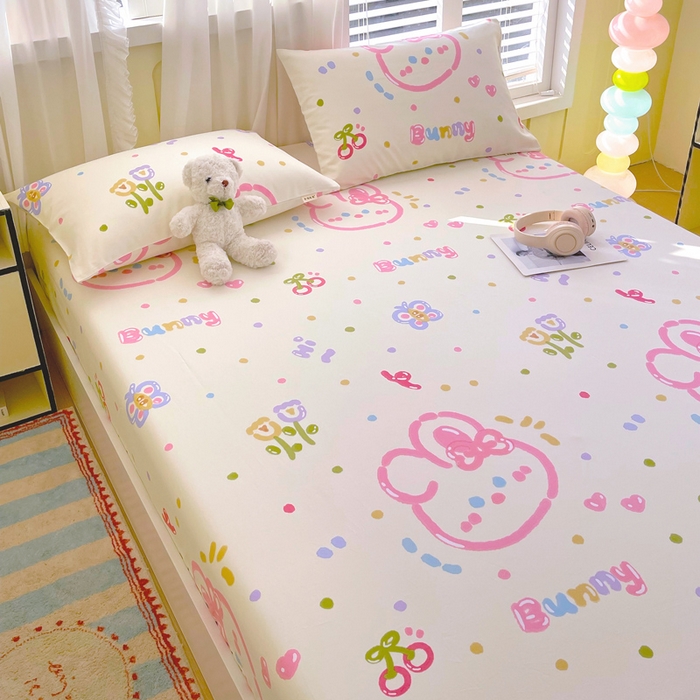 91家纺网 家纺一手货源 找家纺 金鑫汇家纺 2025新款A类全棉老粗布床单床笠 老粗布·奇趣小兔