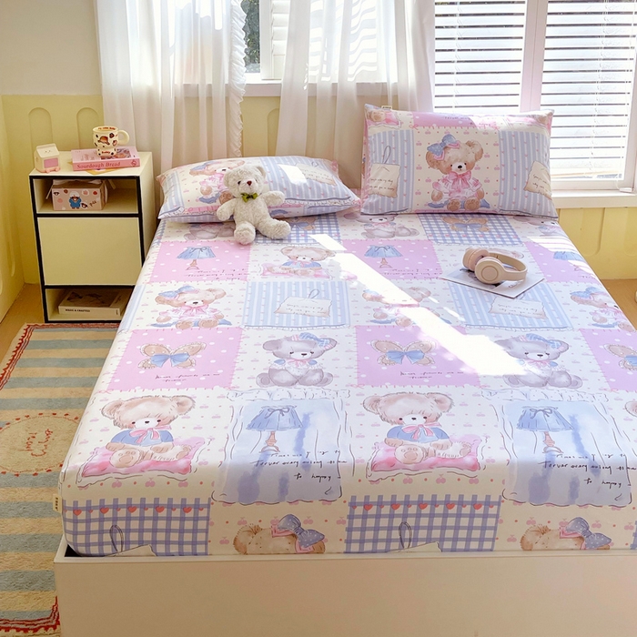 91家纺网 家纺一手货源 找家纺 金鑫汇家纺 2025新款A类全棉老粗布床单床笠 老粗布·熊熊精灵