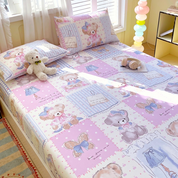 91家纺网 家纺一手货源 找家纺 金鑫汇家纺 2025新款A类全棉老粗布床单床笠 老粗布·熊熊精灵