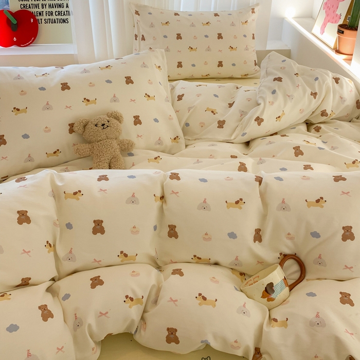 91家纺网 家纺一手货源 找家纺 爱丽丝2025新款全棉卡通印花四件套 萌宠小窝