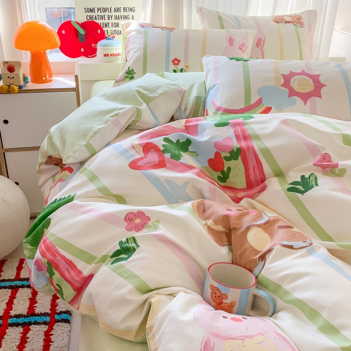 91家纺网 家纺一手货源 找家纺 爱丽丝2025新款全棉卡通印花四件套 开心农场