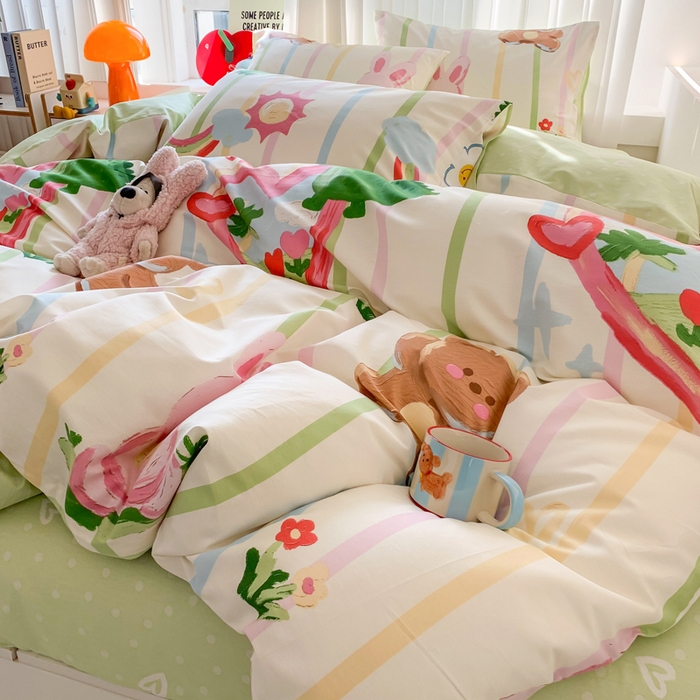 91家纺网 家纺一手货源 找家纺 爱丽丝2025新款全棉卡通印花四件套 开心农场