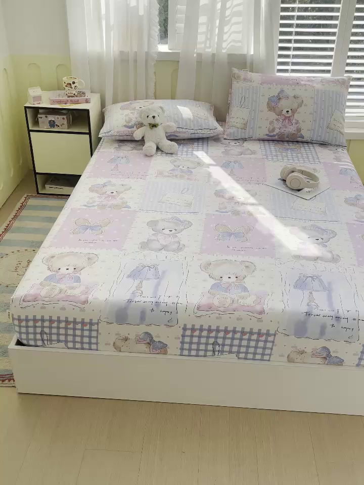 91家纺网 家纺一手货源 找家纺 金鑫汇家纺 2025新款A类全棉老粗布床单床笠 老粗布·熊熊精灵