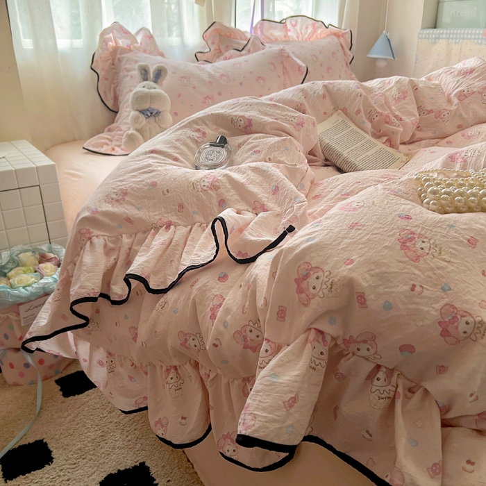 繁花家居 2025春夏新款学生季韩式云感针织棉大花边木耳边四件套 粉色美蒂