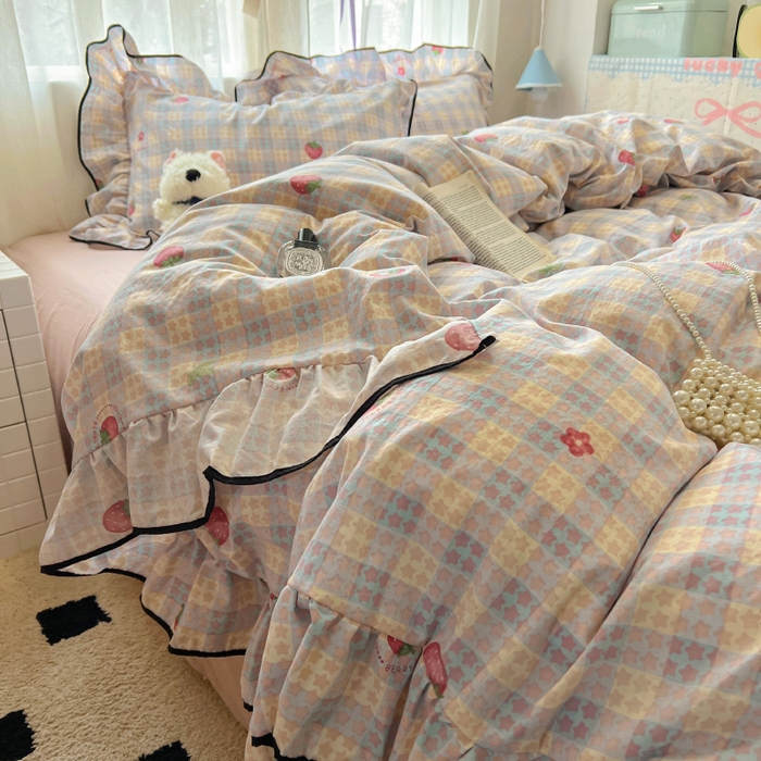 繁花家居 2025春夏新款学生季韩式云感针织棉大花边木耳边四件套 富山草莓