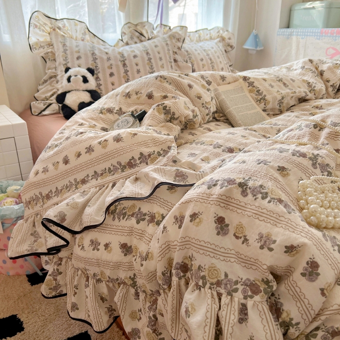 繁花家居 2025春夏新款学生季韩式云感针织棉大花边木耳边四件套 玫瑰庄园