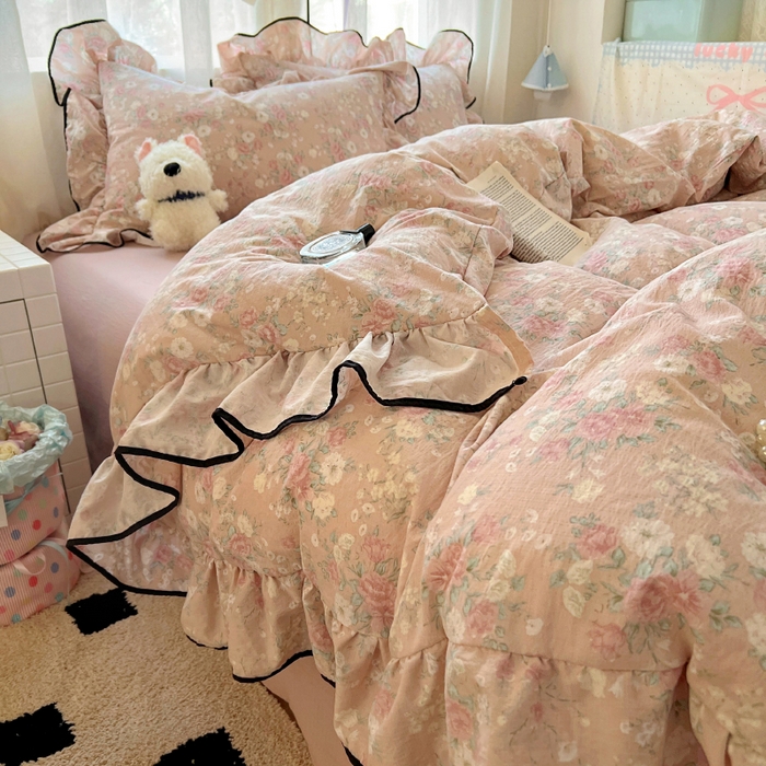 繁花家居 2025春夏新款学生季韩式云感针织棉大花边木耳边四件套 秋日恋歌