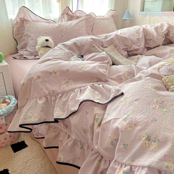 繁花家居 2025春夏新款学生季韩式云感针织棉大花边木耳边四件套 山野花集