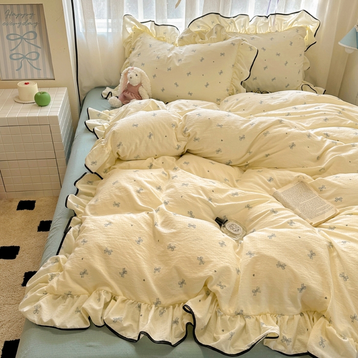 91家纺网 家纺一手货源 找家纺 繁花家居 2025春夏新款学生季韩式云感针织棉大花边木耳边四件套 少女心结 蓝