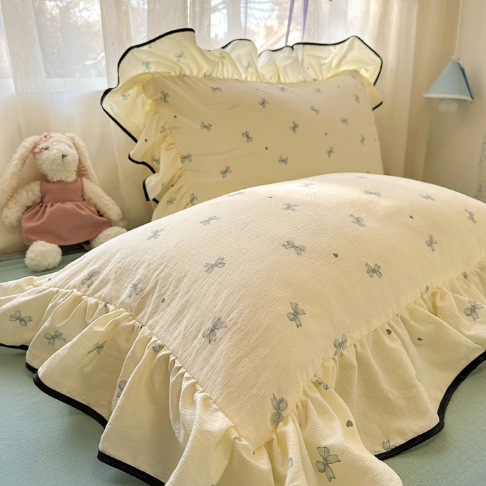 91家纺网 家纺一手货源 找家纺 繁花家居 2025春夏新款学生季韩式云感针织棉大花边木耳边四件套 少女心结 蓝