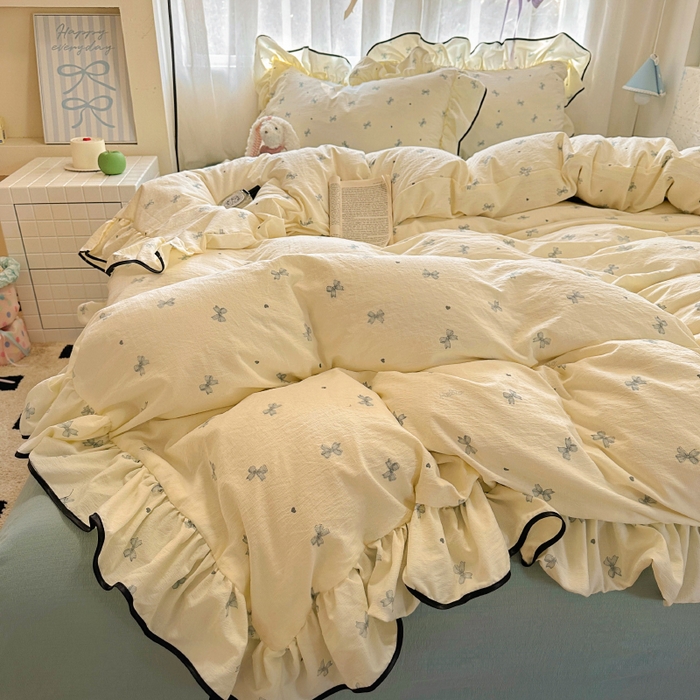 91家纺网 家纺一手货源 找家纺 繁花家居 2025春夏新款学生季韩式云感针织棉大花边木耳边四件套 少女心结 蓝