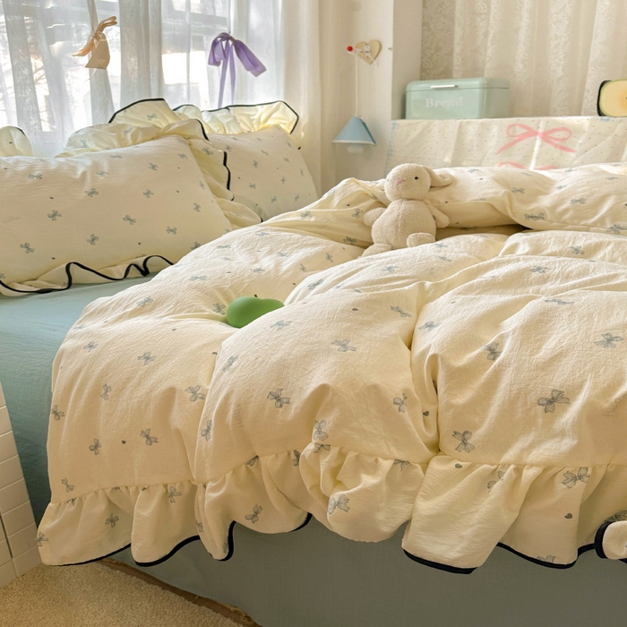 91家纺网 家纺一手货源 找家纺 繁花家居 2025春夏新款学生季韩式云感针织棉大花边木耳边四件套 少女心结 蓝