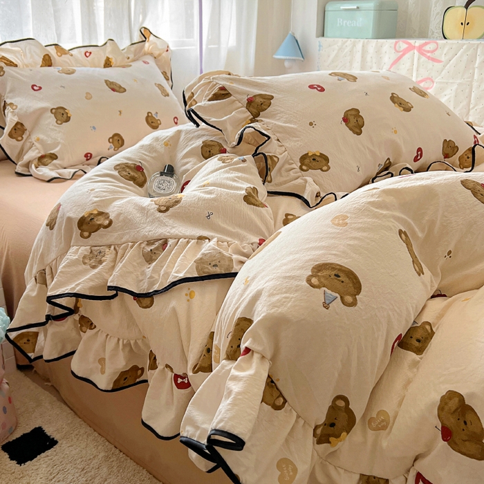 繁花家居 2025春夏新款学生季韩式云感针织棉大花边木耳边四件套 小熊多多