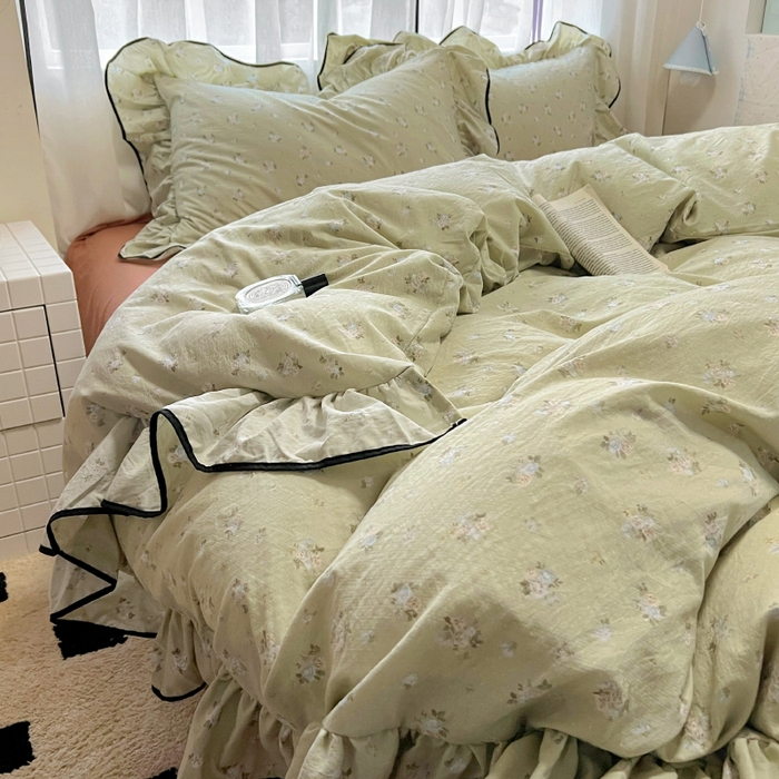 繁花家居 2025春夏新款学生季韩式云感针织棉大花边木耳边四件套 早春来信