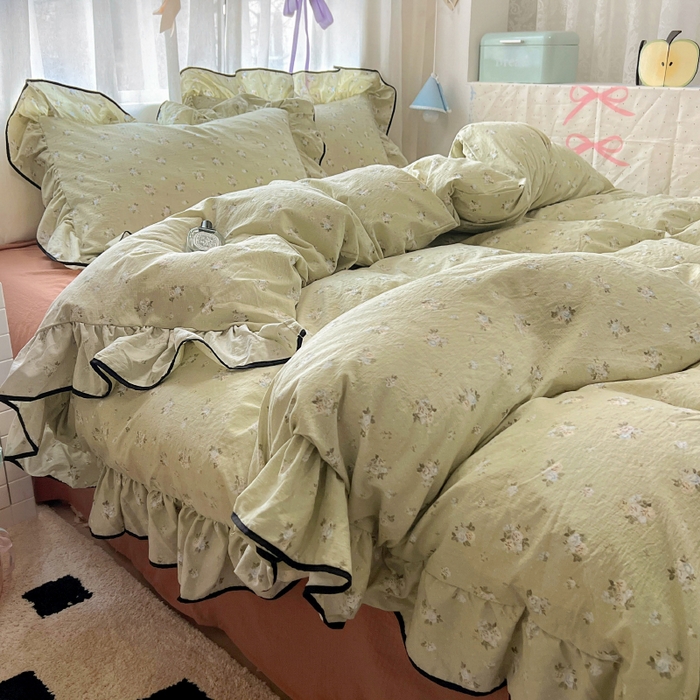 91家纺网 家纺一手货源 找家纺 繁花家居 2025春夏新款学生季韩式云感针织棉大花边木耳边四件套 早春来信