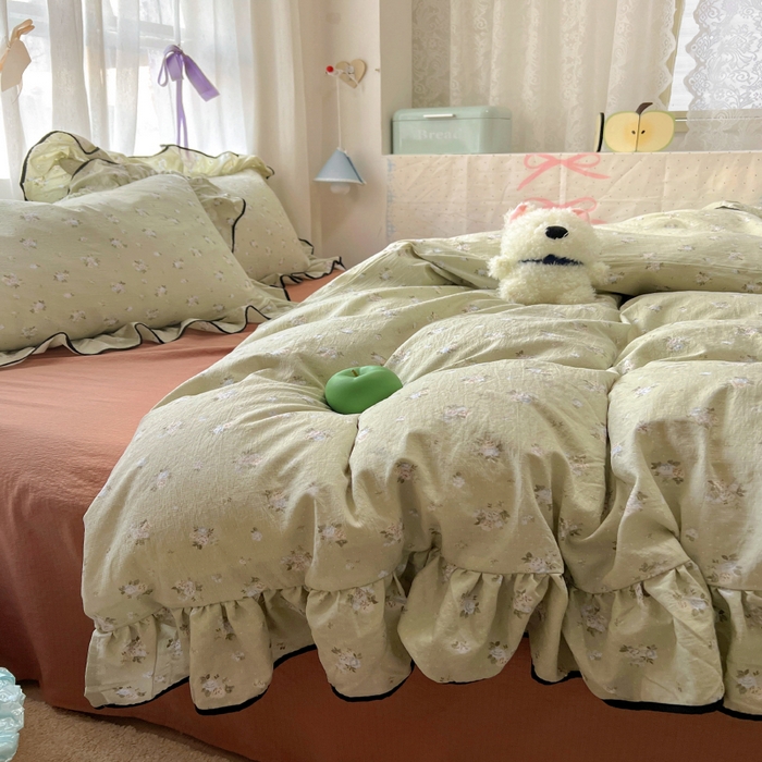 91家纺网 家纺一手货源 找家纺 繁花家居 2025春夏新款学生季韩式云感针织棉大花边木耳边四件套 早春来信