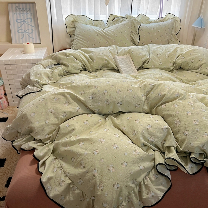 91家纺网 家纺一手货源 找家纺 繁花家居 2025春夏新款学生季韩式云感针织棉大花边木耳边四件套 早春来信