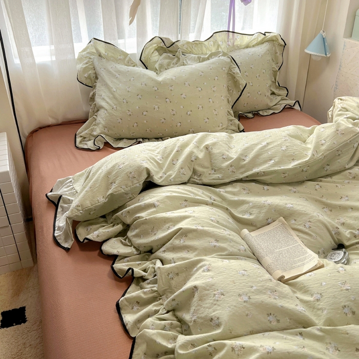 91家纺网 家纺一手货源 找家纺 繁花家居 2025春夏新款学生季韩式云感针织棉大花边木耳边四件套 早春来信