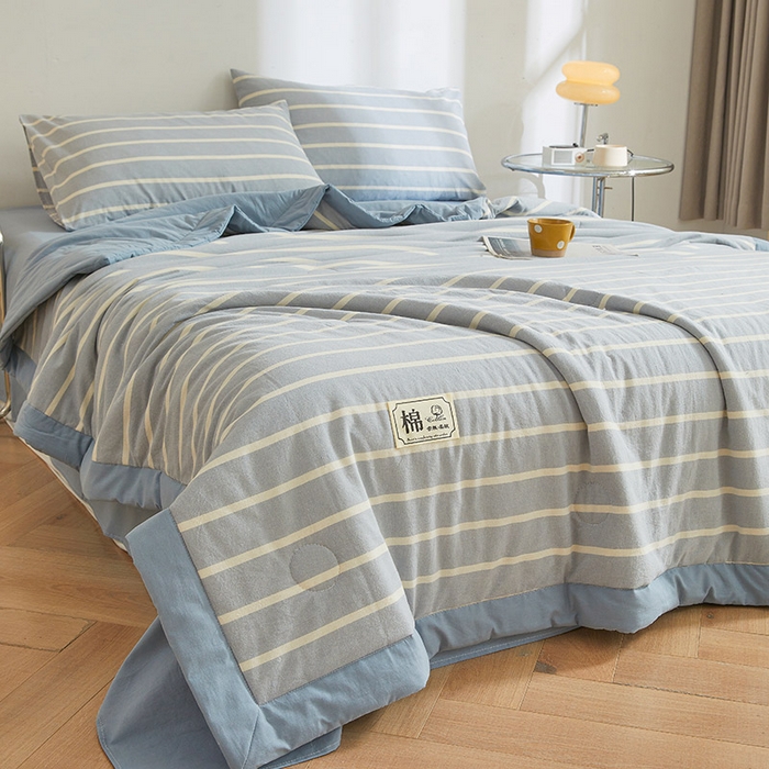 91家纺网 家纺一手货源 找家纺 晓时候 2025春夏新款水洗棉夏被新疆棉花被填充100%纯棉全棉夏凉被空调被单夏被 蓝白条