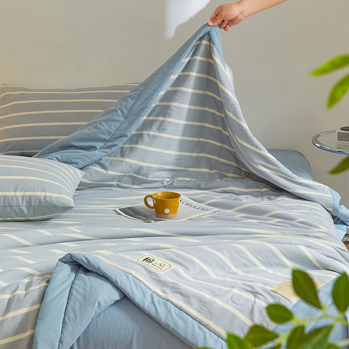 91家纺网 家纺一手货源 找家纺 晓时候 2025春夏新款水洗棉夏被新疆棉花被填充100%纯棉全棉夏凉被空调被单夏被 蓝白条