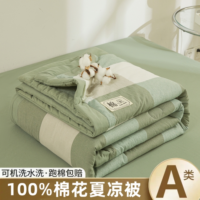 晓时候 2025春夏新款水洗棉夏被新疆棉花被填充100%纯棉全棉夏凉被空调被单夏被 绿咖格