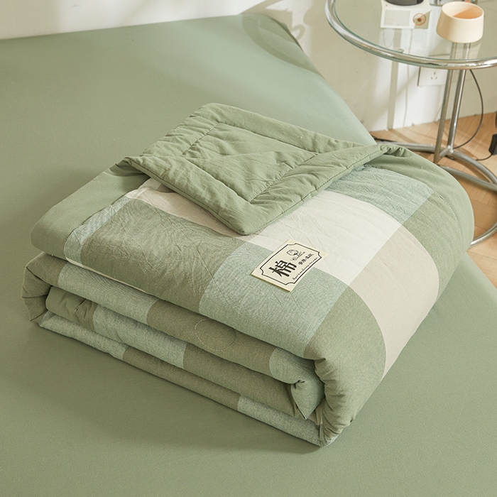 91家纺网 家纺一手货源 找家纺 晓时候 2025春夏新款水洗棉夏被新疆棉花被填充100%纯棉全棉夏凉被空调被单夏被 绿咖格