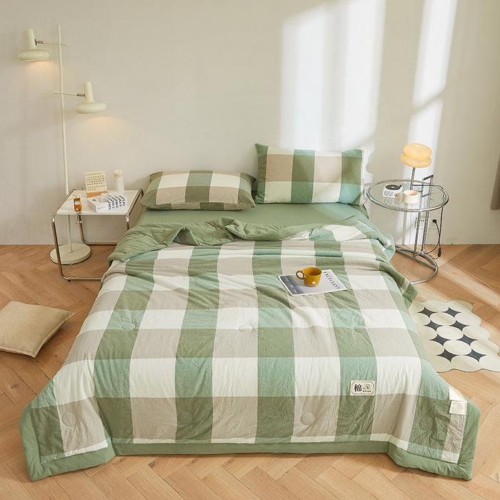 91家纺网 家纺一手货源 找家纺 晓时候 2025春夏新款水洗棉夏被新疆棉花被填充100%纯棉全棉夏凉被空调被单夏被 绿咖格