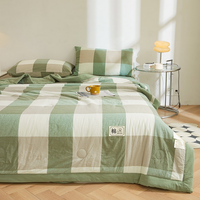 91家纺网 家纺一手货源 找家纺 晓时候 2025春夏新款水洗棉夏被新疆棉花被填充100%纯棉全棉夏凉被空调被单夏被 绿咖格