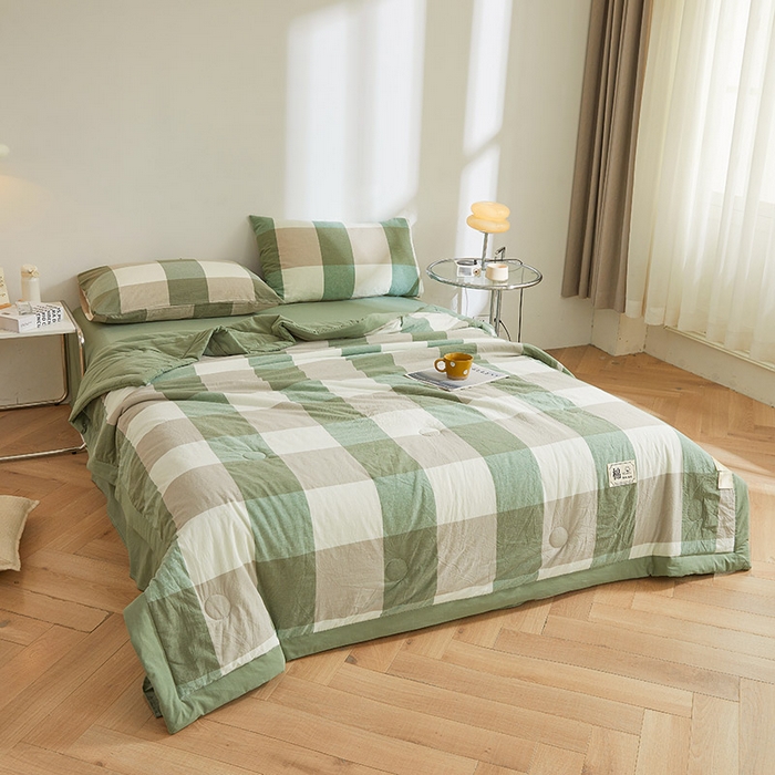 91家纺网 家纺一手货源 找家纺 晓时候 2025春夏新款水洗棉夏被新疆棉花被填充100%纯棉全棉夏凉被空调被单夏被 绿咖格