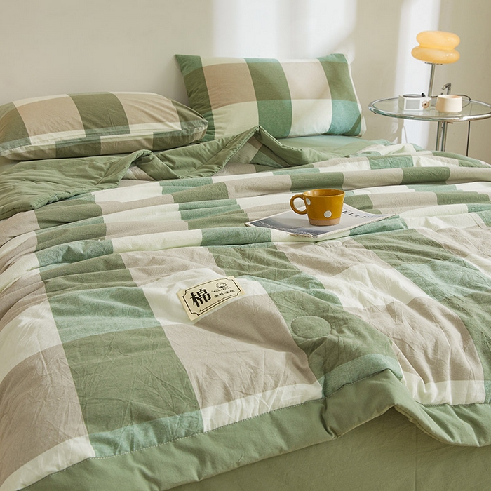 91家纺网 家纺一手货源 找家纺 晓时候 2025春夏新款水洗棉夏被新疆棉花被填充100%纯棉全棉夏凉被空调被单夏被 绿咖格