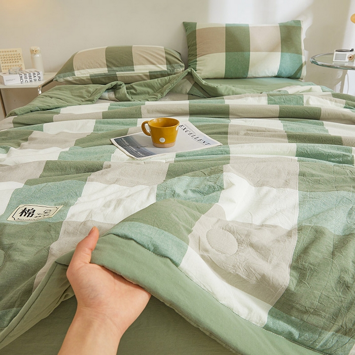 91家纺网 家纺一手货源 找家纺 晓时候 2025春夏新款水洗棉夏被新疆棉花被填充100%纯棉全棉夏凉被空调被单夏被 绿咖格