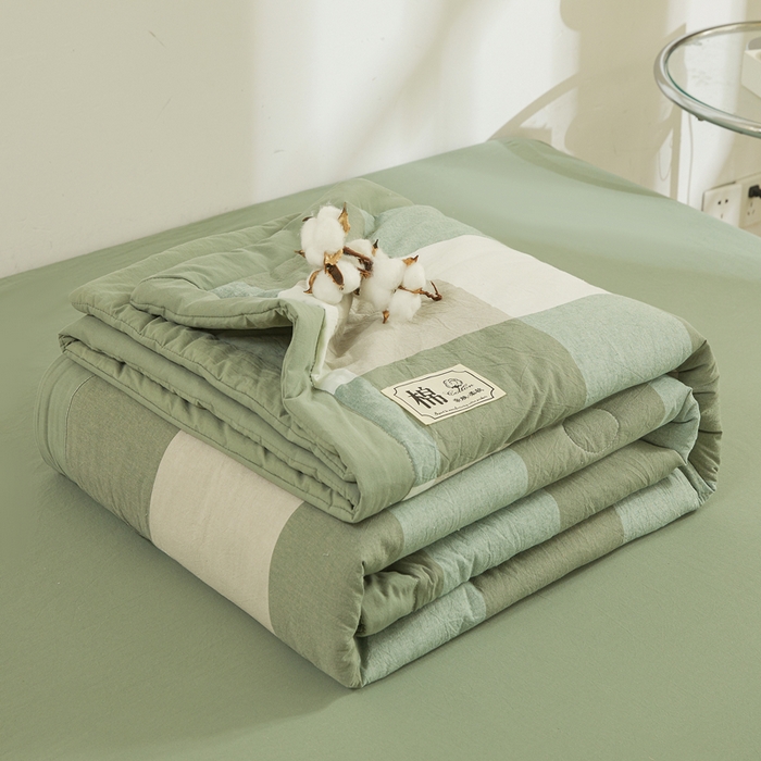 91家纺网 家纺一手货源 找家纺 晓时候 2025春夏新款水洗棉夏被新疆棉花被填充100%纯棉全棉夏凉被空调被单夏被 绿咖格