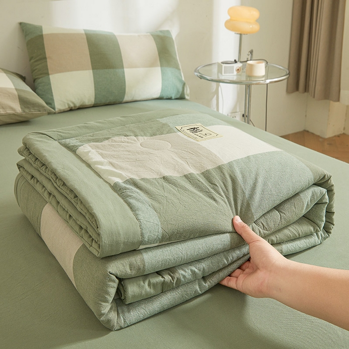 91家纺网 家纺一手货源 找家纺 晓时候 2025春夏新款水洗棉夏被新疆棉花被填充100%纯棉全棉夏凉被空调被单夏被 绿咖格