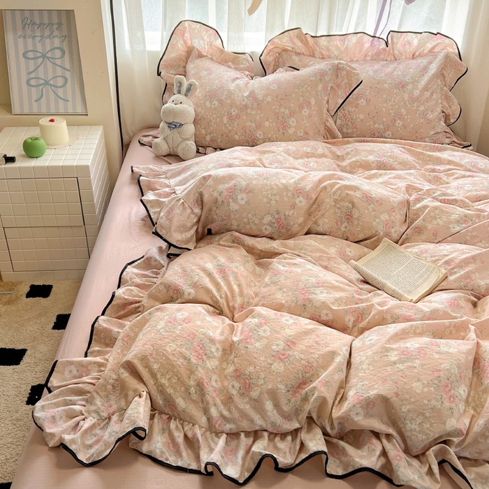 91家纺网 家纺一手货源 找家纺 （总）繁花家居 2025春夏新款学生季韩式云感针织棉大花边木耳边四件套