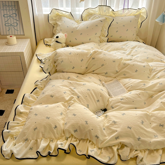 91家纺网 家纺一手货源 找家纺 繁花家居 2025春夏新款学生季韩式云感针织棉大花边木耳边四件套 芝士少女心结