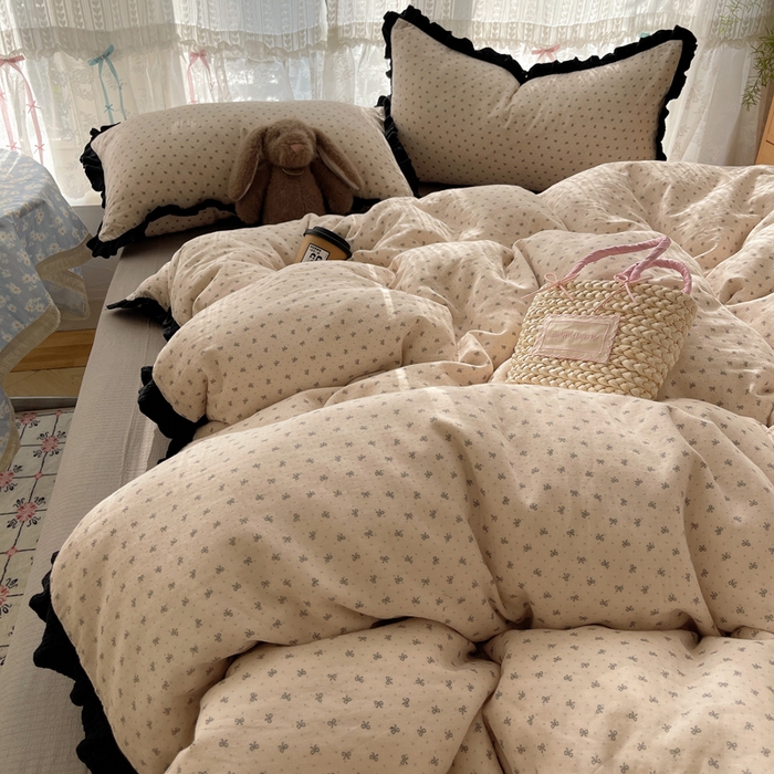 91家纺网 家纺一手货源 找家纺 （总）繁花家居 2025春夏新款学生季韩式云感针织棉大花边木耳边四件套