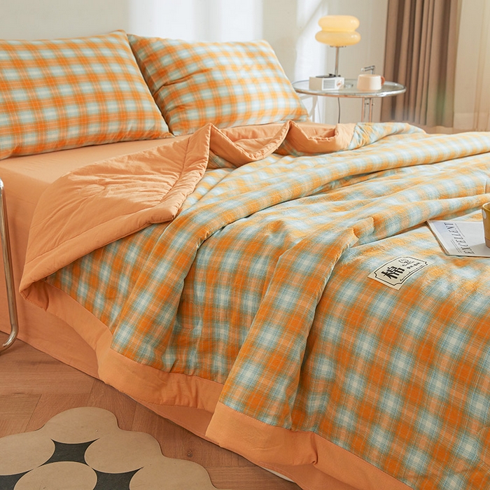 91家纺网 家纺一手货源 找家纺 晓时候 2026春夏新款水洗棉夏被新疆棉花被填充100%纯棉全棉夏凉被空调被单夏被 韶华桔