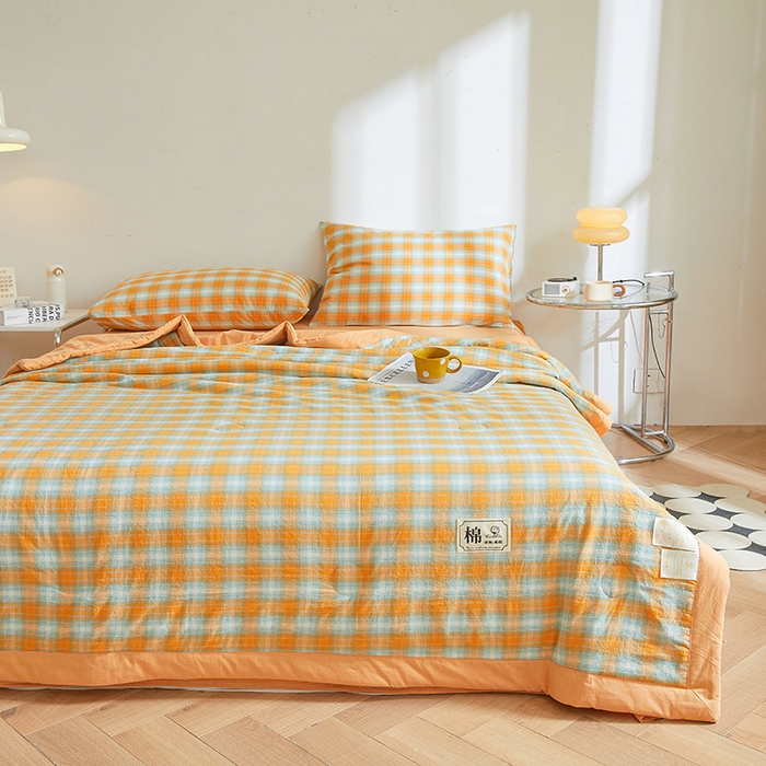 91家纺网 家纺一手货源 找家纺 晓时候 2026春夏新款水洗棉夏被新疆棉花被填充100%纯棉全棉夏凉被空调被单夏被 韶华桔