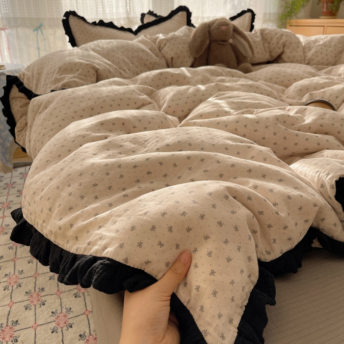 繁花家居 2025春夏新款学生季韩式云感针织棉大花边木耳边四件套 庄园蝶梦