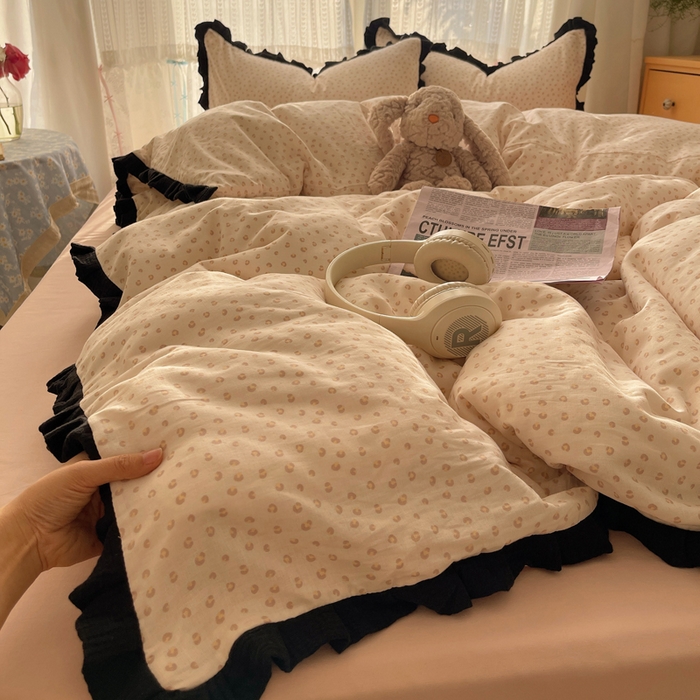 繁花家居 2025春夏新款学生季韩式云感针织棉大花边木耳边四件套 加州甜心