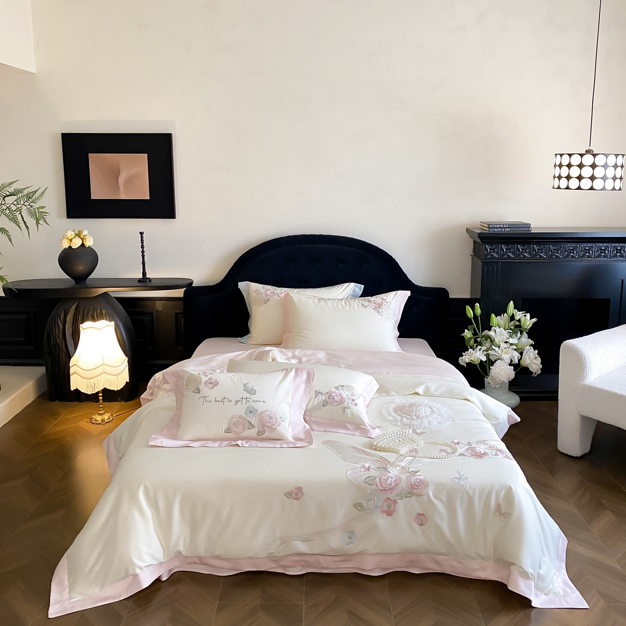 佳汐蓝家纺 2025春夏新款天丝棉蝶舞繁花绣花天丝四件套 蝶舞繁花·粉