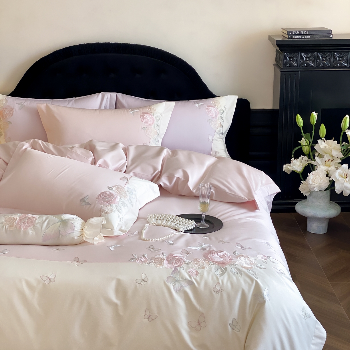 91家纺网 家纺一手货源 找家纺 佳汐蓝家纺 2025春夏新款贡缎长绒棉蝶梦花缘四件套 蝶梦花缘·粉