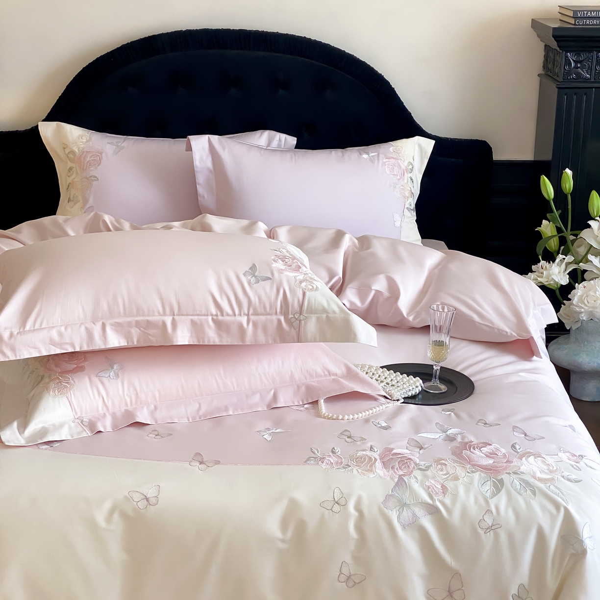 91家纺网 家纺一手货源 找家纺 佳汐蓝家纺 2025春夏新款贡缎长绒棉蝶梦花缘四件套 蝶梦花缘·粉