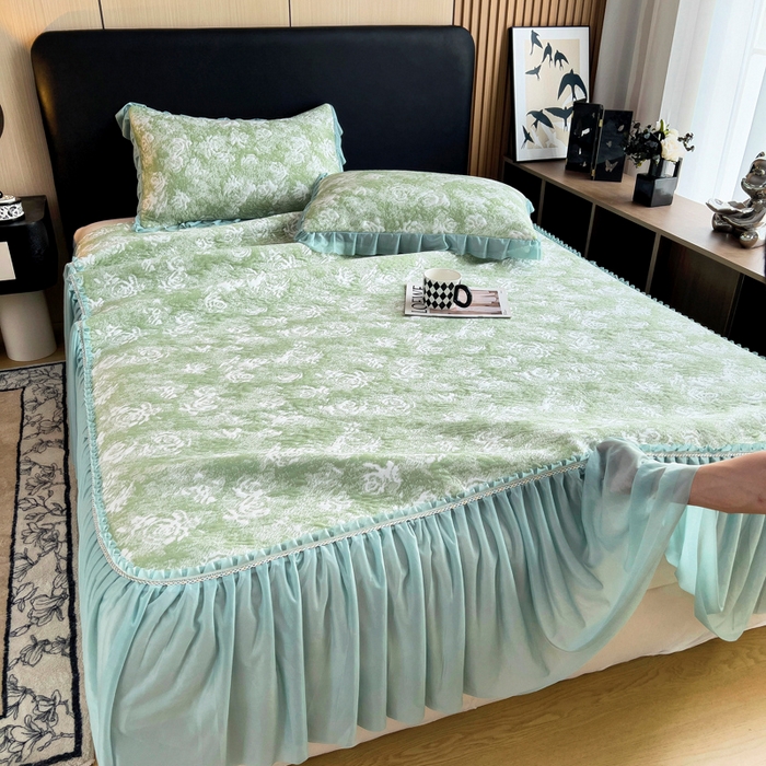 情煊家纺 2025新款PE高分子凉感丝凉席-床裙款 床裙款-玫瑰-绿色