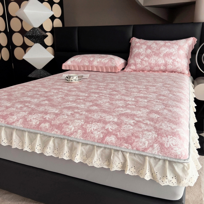 91家纺网 家纺一手货源 找家纺 情煊家纺 2025新款PE高分子凉感丝凉席-花边款 花边款-玫瑰-粉色